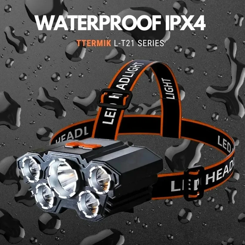 5개의 램프 비드가 있는 USB 충전식 LED 헤드램프 4가지 조명 모드 탄성 헤드밴드 경량 휴대용 헤드라이트