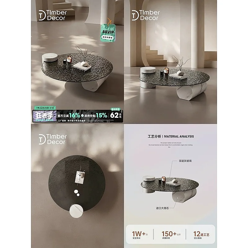Italian Minimalist Water Ripple Coffee Table Designer Villa Living Room Luxury Creative Marble Glass Tea Table