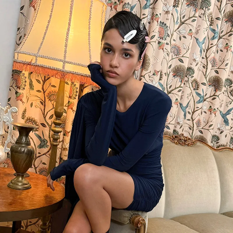 Fashion Women Ruched Bodycon Mini Dress O Neck Long Sleeve One Shoulder Shawl Ribbon Empire Slim Party Clubwear Streetwear