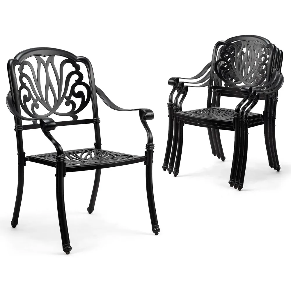 

Patio Chairs Set of 4 - Stackable Outdoor Cast Aluminum Dining Chairs with Vintage Black Finish and Floral Pattern, Metal Armch