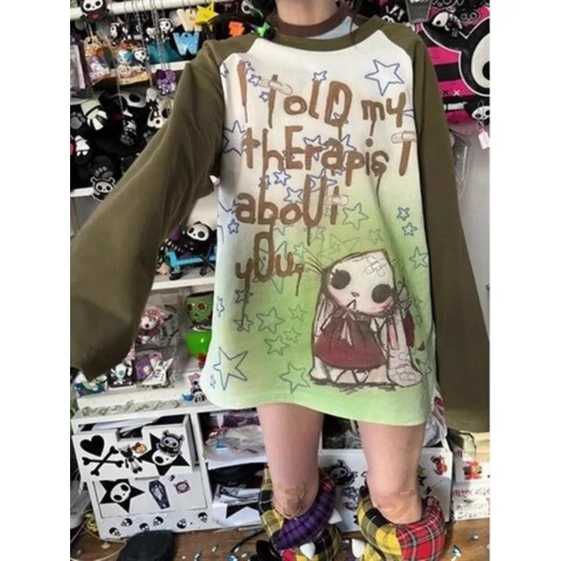 

Japanese Culture Millennial Style Cartoon Graffiti Print Long-sleeved Tshirt Punk Match Color Shoulder Tees Y2k Casual Loose Top