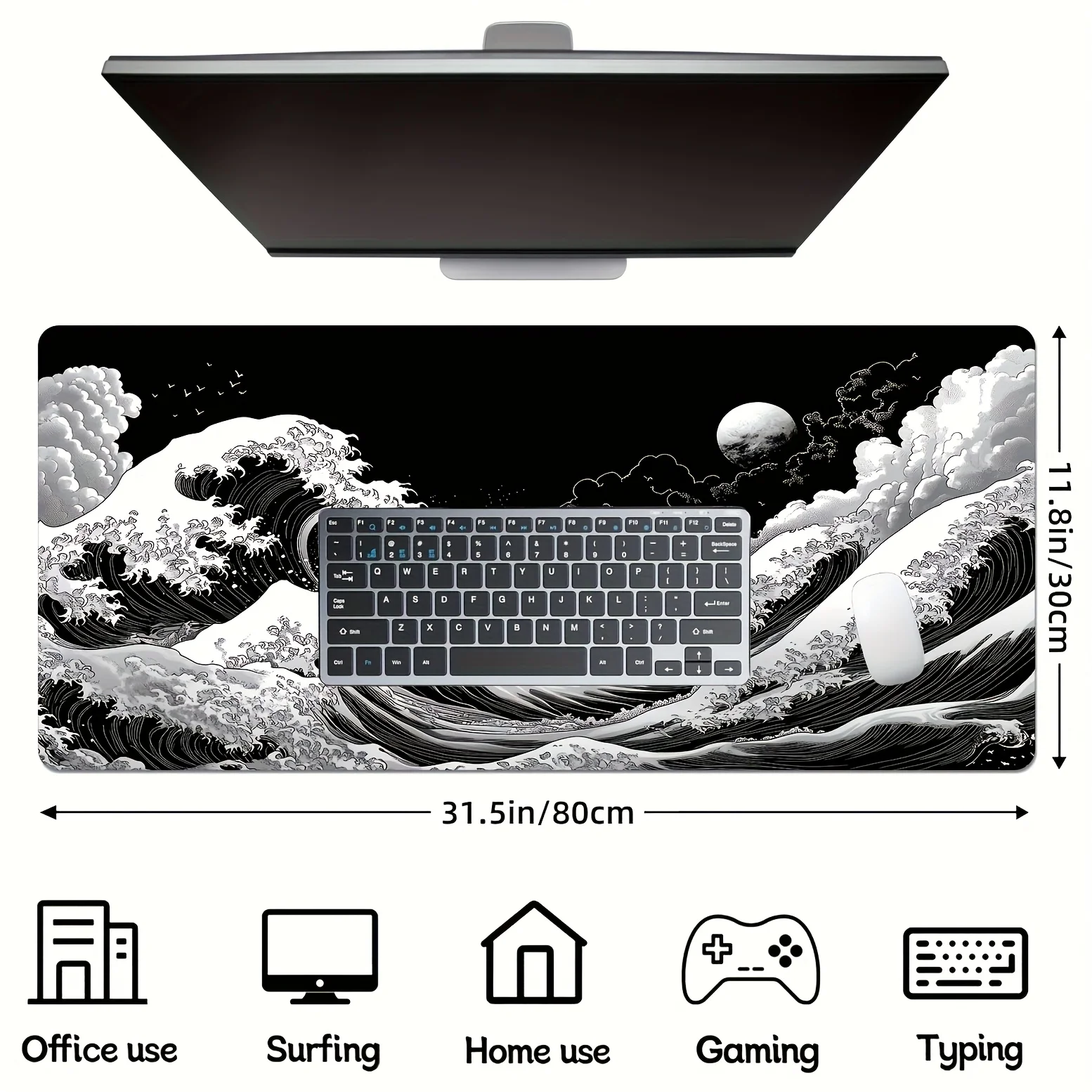 

Extra-large Japanese Black Wave gaming mouse pad. Anti-slip rubber base,Japanese landscape design computer and table pad gamepad