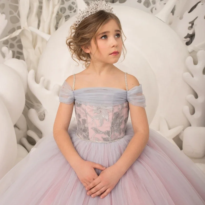 Birthday Banquet Princess Gowns Flower Girl Dresses Light Purple Tulle Puffy With Patterned Appliques Sleeveless For Wedding