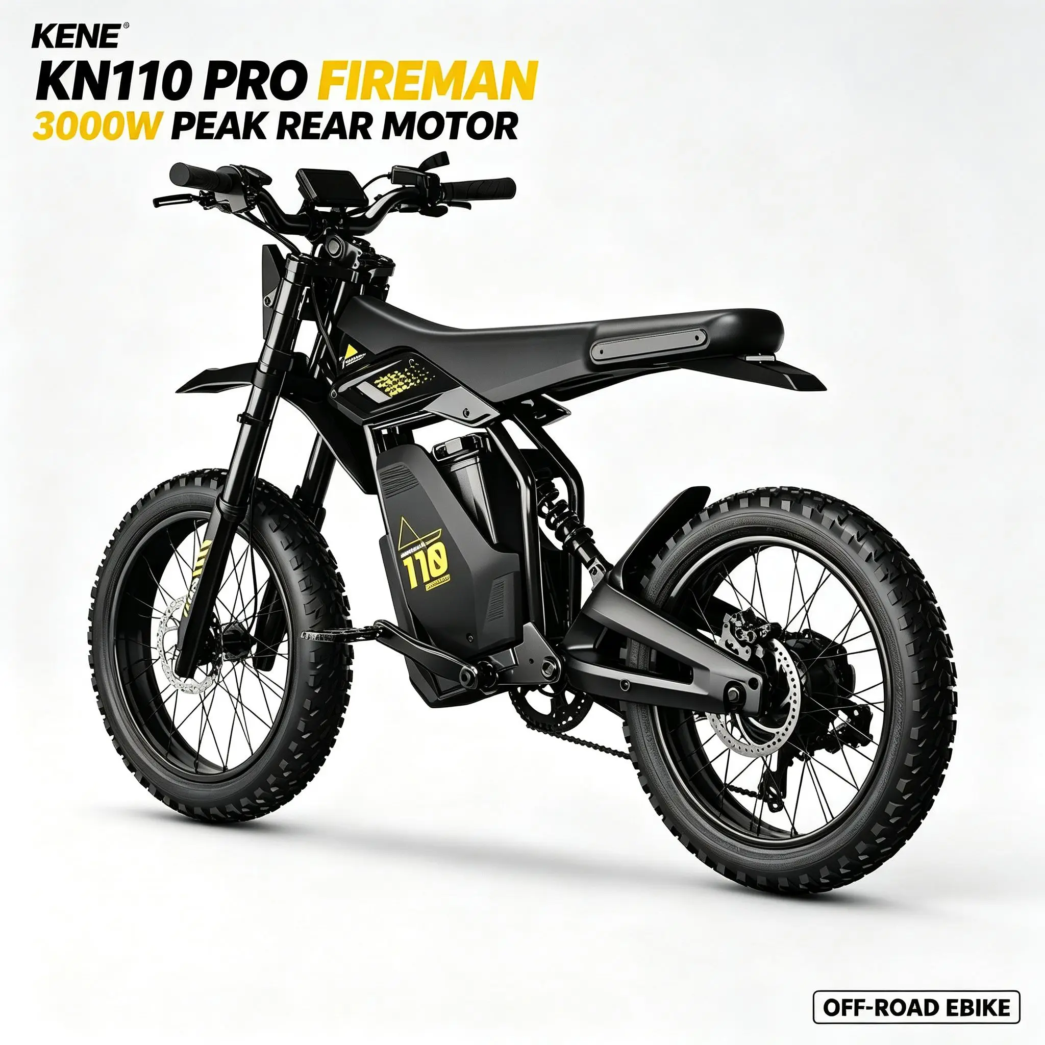 KENE KN110 PRO Fireman Electric Dirt Bike,3000W Peak Motor,48V 30Ah Lithium Battery,39MPH Max Speed,30Miles Pure Electric Range,Full Suspension Mid‑mounted Shock,Hydraulic Disc Brake,20*4.0 Fat Tire,HD LCD Display,High Carbon Steel Frame E‑Motorcycle For