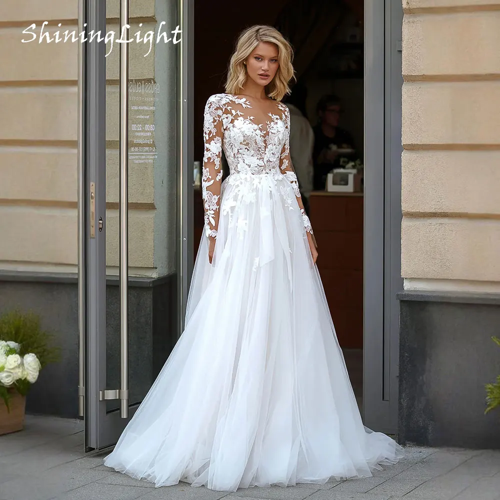 

ShiningLight Elegant A-Line Tulle Wedding Dress with Long Sleeves Scoop Neck Floral Appliques Boho Lace Bridal Gowns Customized
