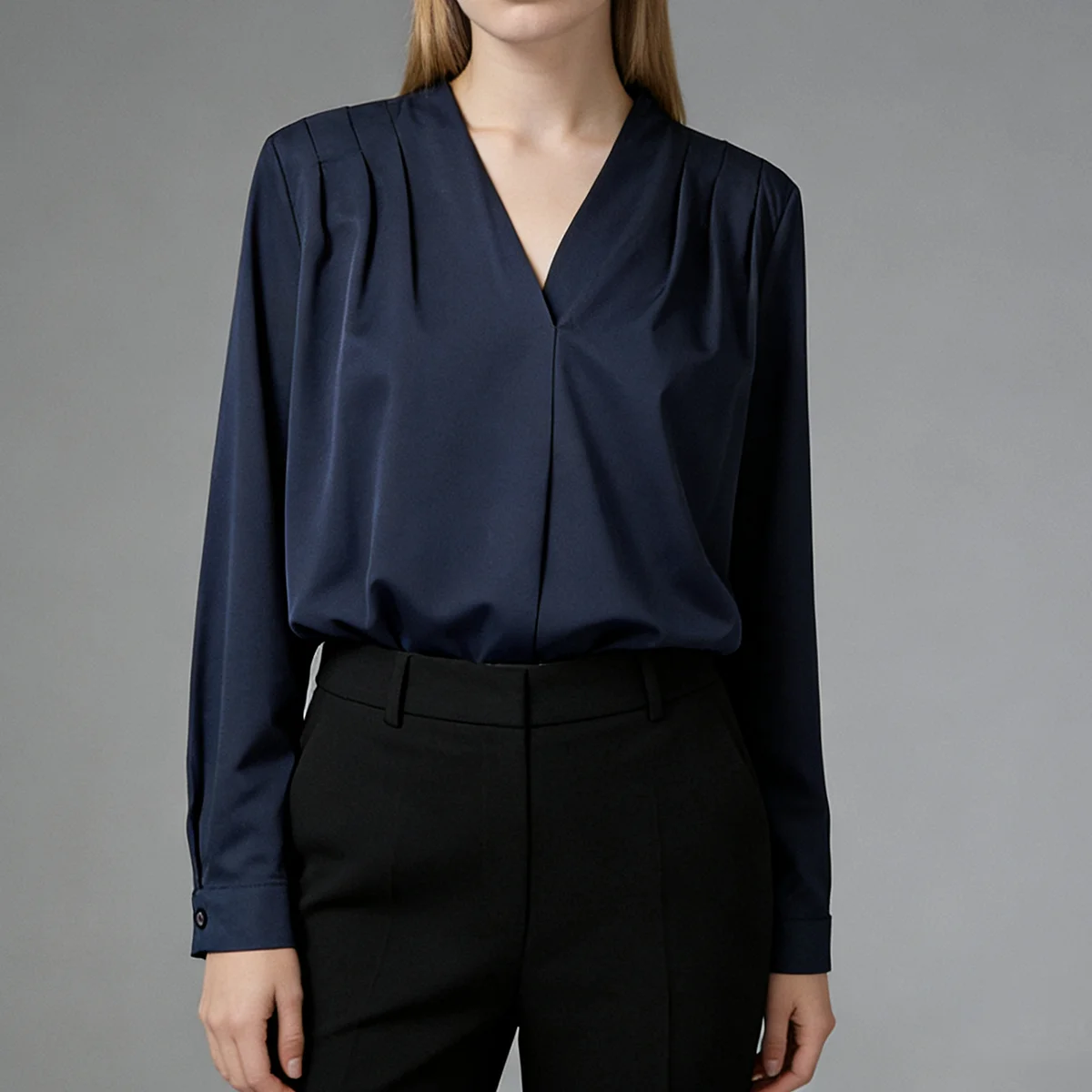 

Women's Elegant Navy Blue Blouse V-Neck Long Sleeve Pleated Front Shirt Soft Silky Fabric Office Casual Top Ladies Fashion Wear