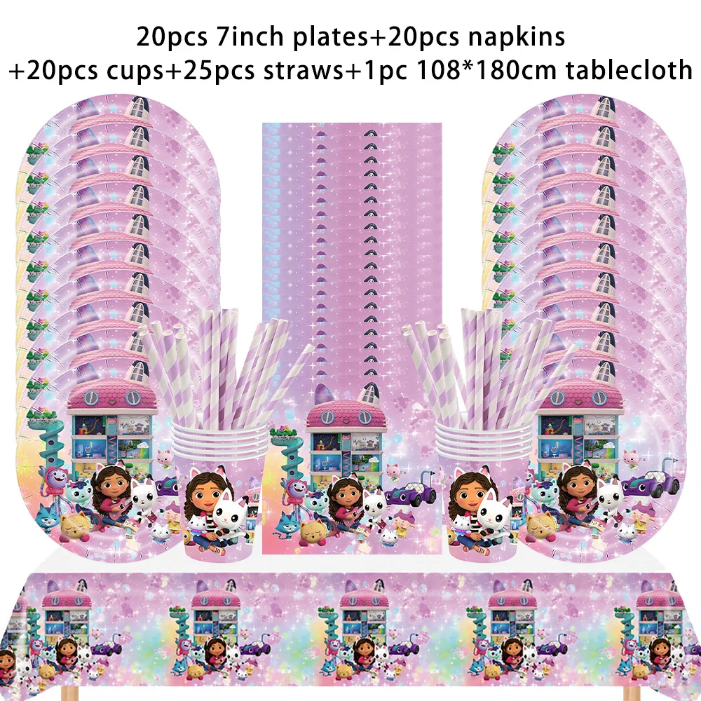 Rosa Gabby Dollhouse Geburtstags-Tischgeschirr Katzen-Mädchen Einwegteller Becher Servietten Kinder Mädchen Geburtstagsparty Baby-Shower-Dekoration – Detail 4