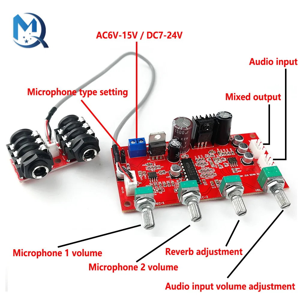 DC 7V 24V PT2399 Digital Microphone o Amplifier Board Karaoke Plate Reverb Preamplifier Reverberator