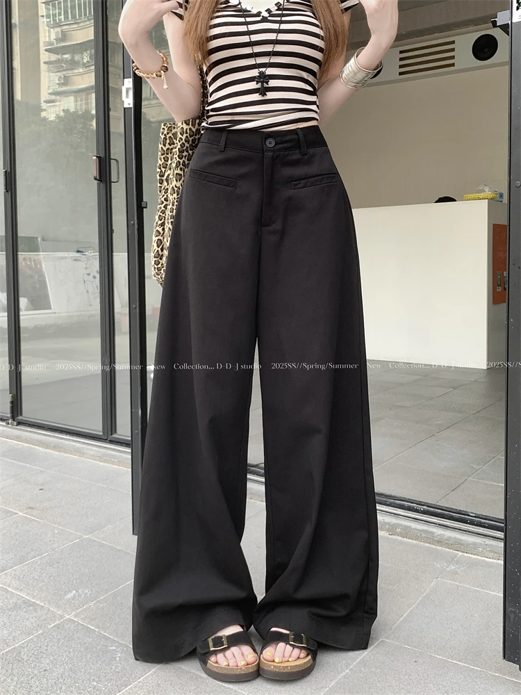 Pantalon polyvalent taille haute pour femmes, ample, jambes larges, kaki, suspendu, décontracté, simple, jambes droites, long, été