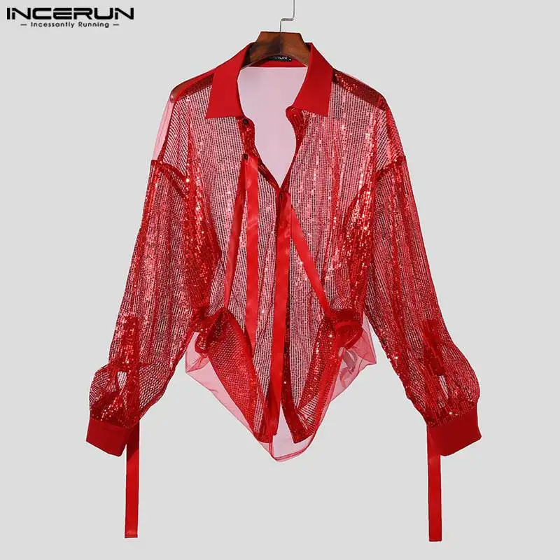 INCERUN-Camisa transparente irregular de lantejoulas masculina, lapela espumante, manga comprida, roupas de festa, moda streetwear, 2024