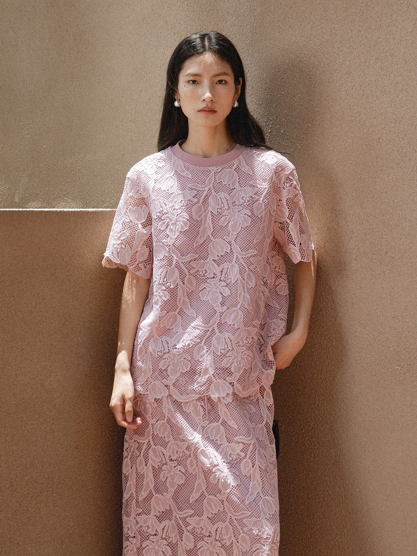 

Ele Lace Crew Ne Top Women's f Sve Embroidered Floral Print Polyester Fiber French Sle Loose Fit Spring New