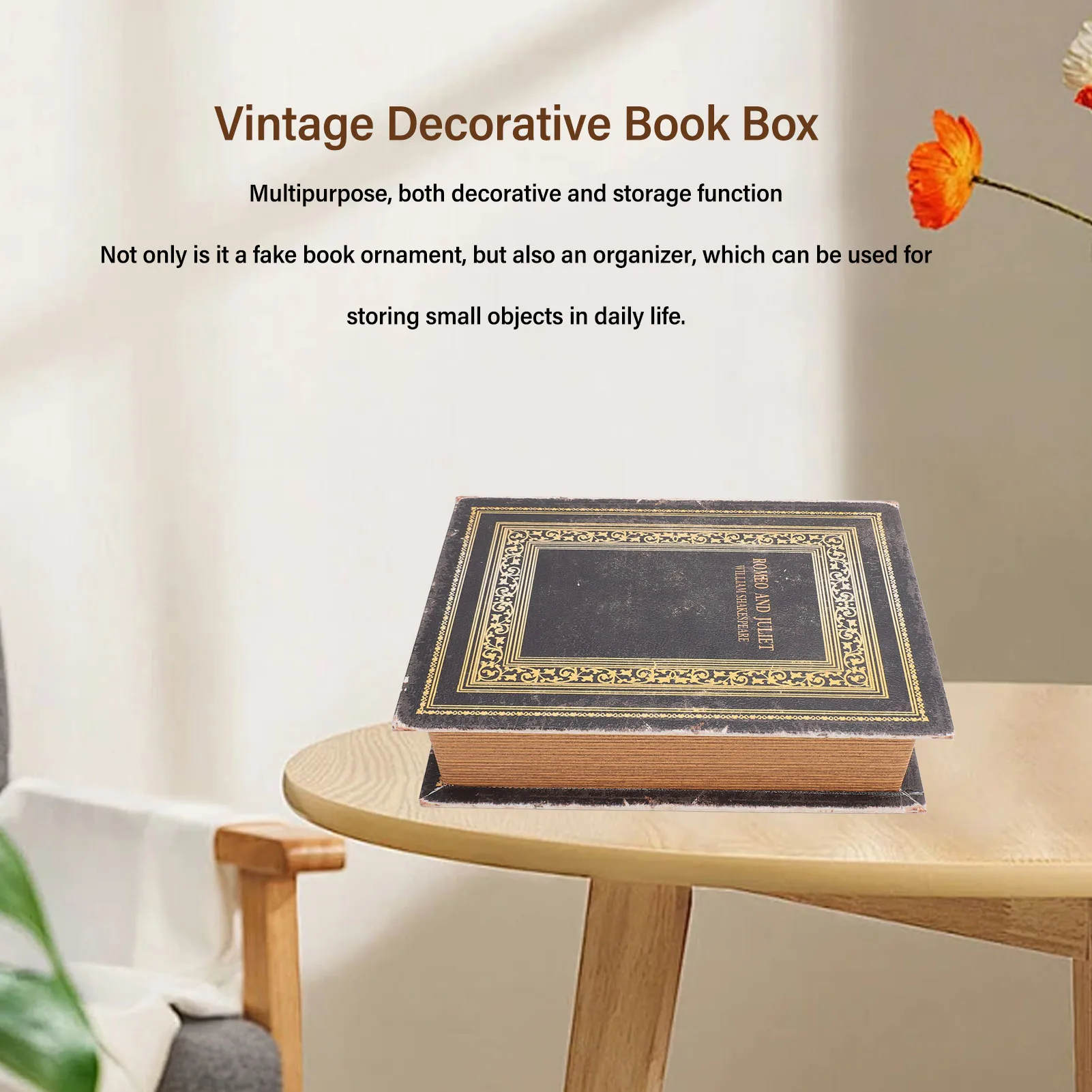Book Shape Storage Box Moderate Capacity European  Wood and Leather Faux Book Box Elegant Vintage Decorative for Office