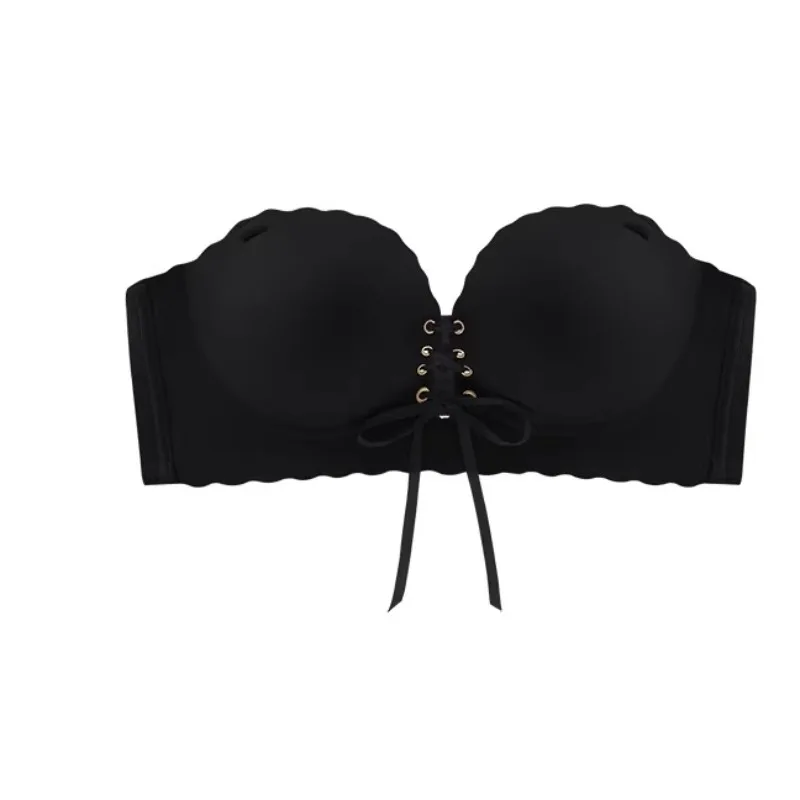

8cm Super Thick No Buckle Bra Small Breasts Push Up Gathering Anti Slip Non Detachable Black Drawstring Soft Seamless Bra 32-38