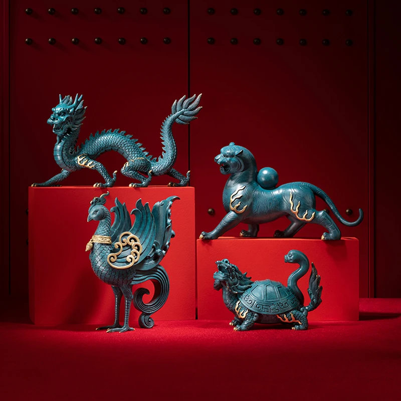A set 4PCS TOP grade Good LUCK Auspicious talisman brass Sculpture QING LONG dragon BAI HU tiger ZHU QUE XUAN WU turtle