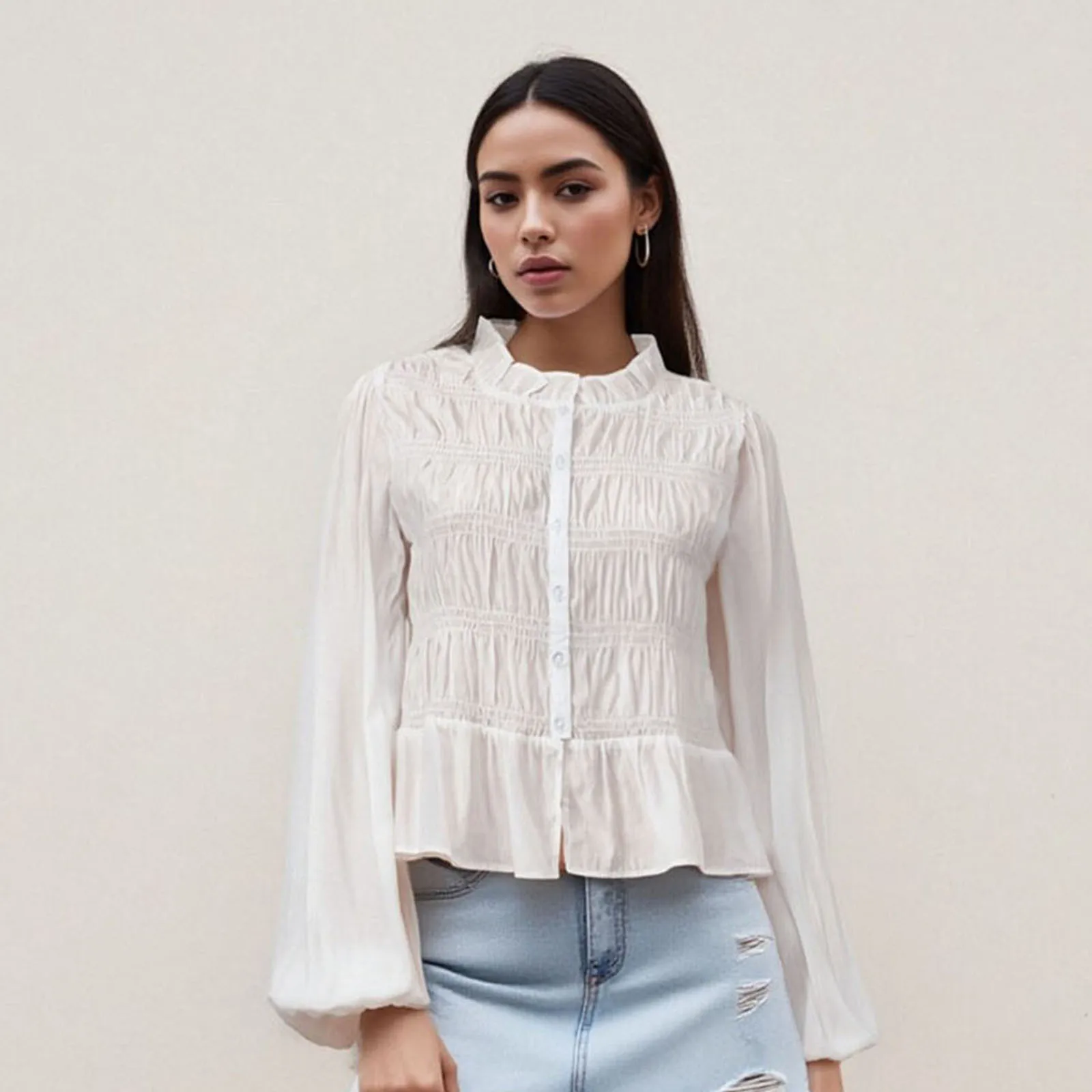 

Women's Summer Fall Button Down Blouses Casual Stylish Solid Shirred Ruffled Trim Bubble Long Sleeve Tops