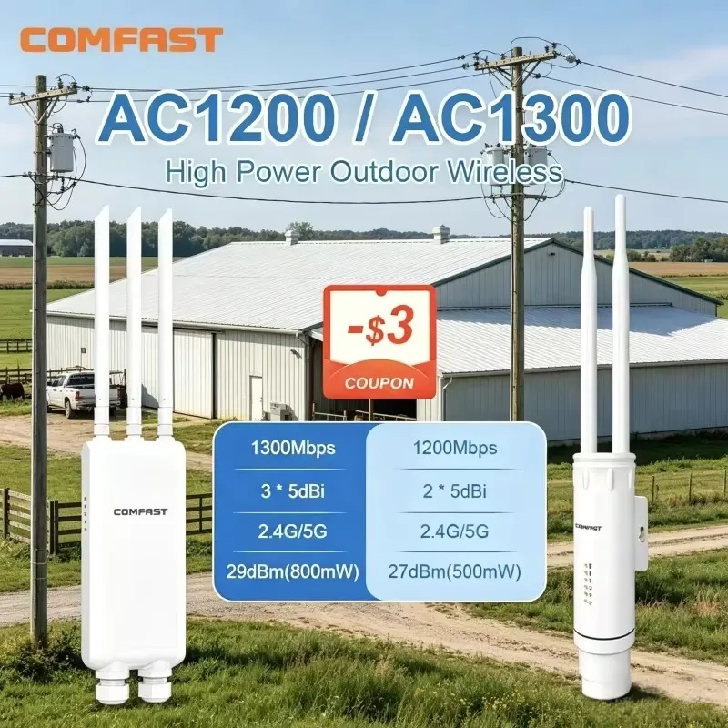 COMFAST AC1200 Point d'accès WiFi extérieur haute puissance double bande 2.4G 5G Répéteur longue portée étanche IP66 pour ferme, zone rurale, cour, toit