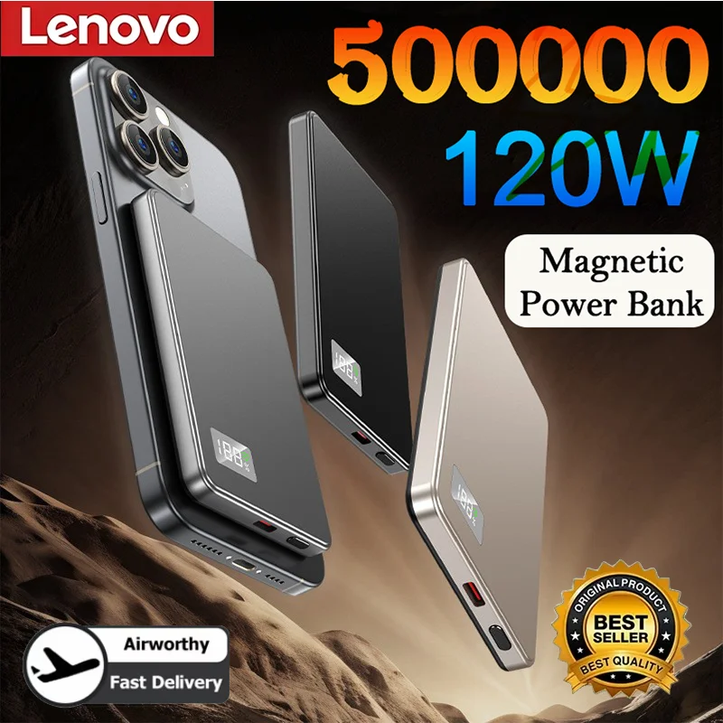 

Внешний аккумулятор Lenovo 2026 500000 мАч, магнитный, беспроводной, ультратонкий, портативный, с сертификатом CCC, быстрая зарядка, LED-дисплей, для MagSafe