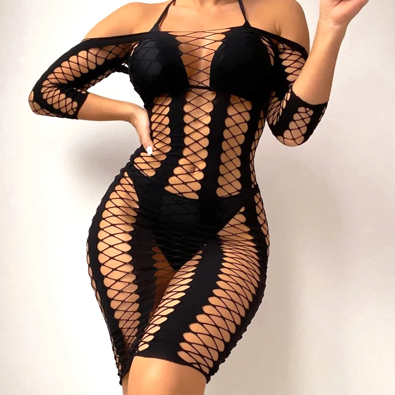 

Женская сексуальная пляжная накидка из сетки с длинными рукавами, прозрачная облегающая ночная рубашка, пляжная одежда без бикини