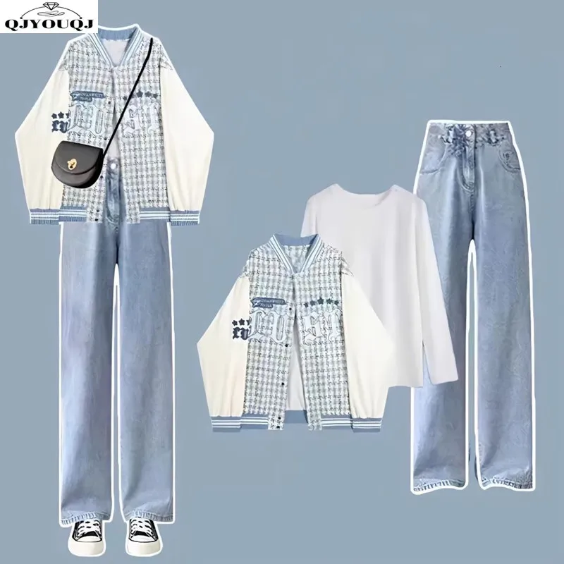 Jaqueta coreana solta e elegante feminina, camiseta e jeans de manga comprida, conjunto de três peças, moda, outono e inverno