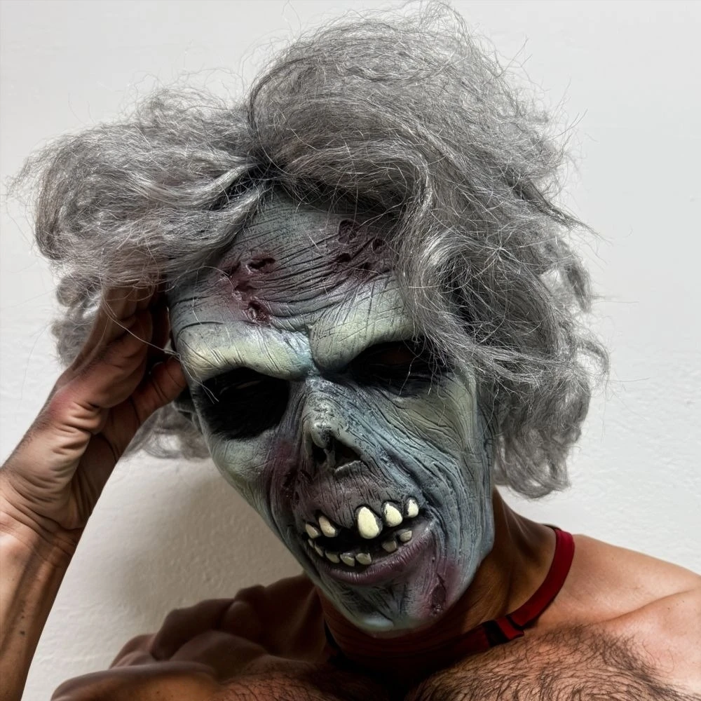 Maska Zombie Martwy Ludzik z Szarych Włosów dla Dorosłych z Gumą, Krewą, Szczęką, Rany na Halloween, Szczegółowe Złe Zęby, Dodatek do Kostiumu