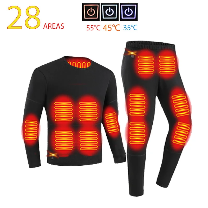 28 Areas Heated Thermal Underwear Men Heating Jacket Skiwear Heated Jacket Fleece Warm Top Pants USB Electric Heating Clothing