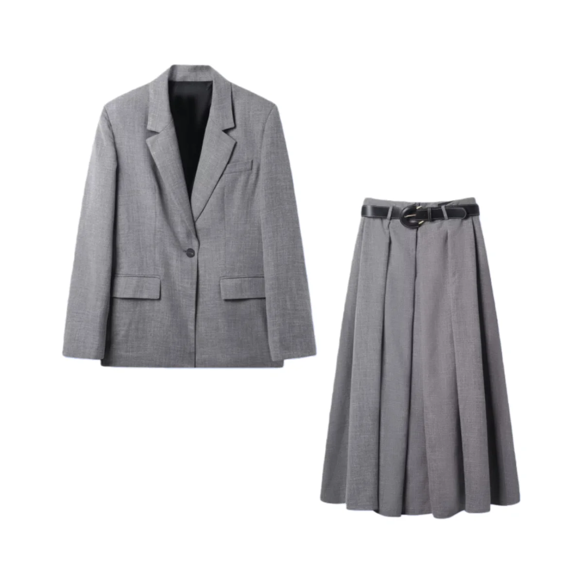 

2025 Autumn New Women's Casual Fashionable Simple Padded Shoulder Herringbone Blazer with Belt + Pleated Skirt