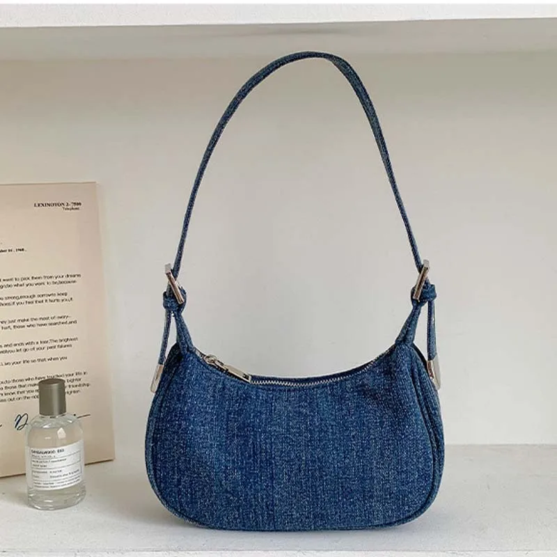 HIGHFOCAL Korean Instagram Minimalist denim Bag Women\'s Bag 2024 New Retro shoulder Bag Niche Fashion Carry Underarm Bag