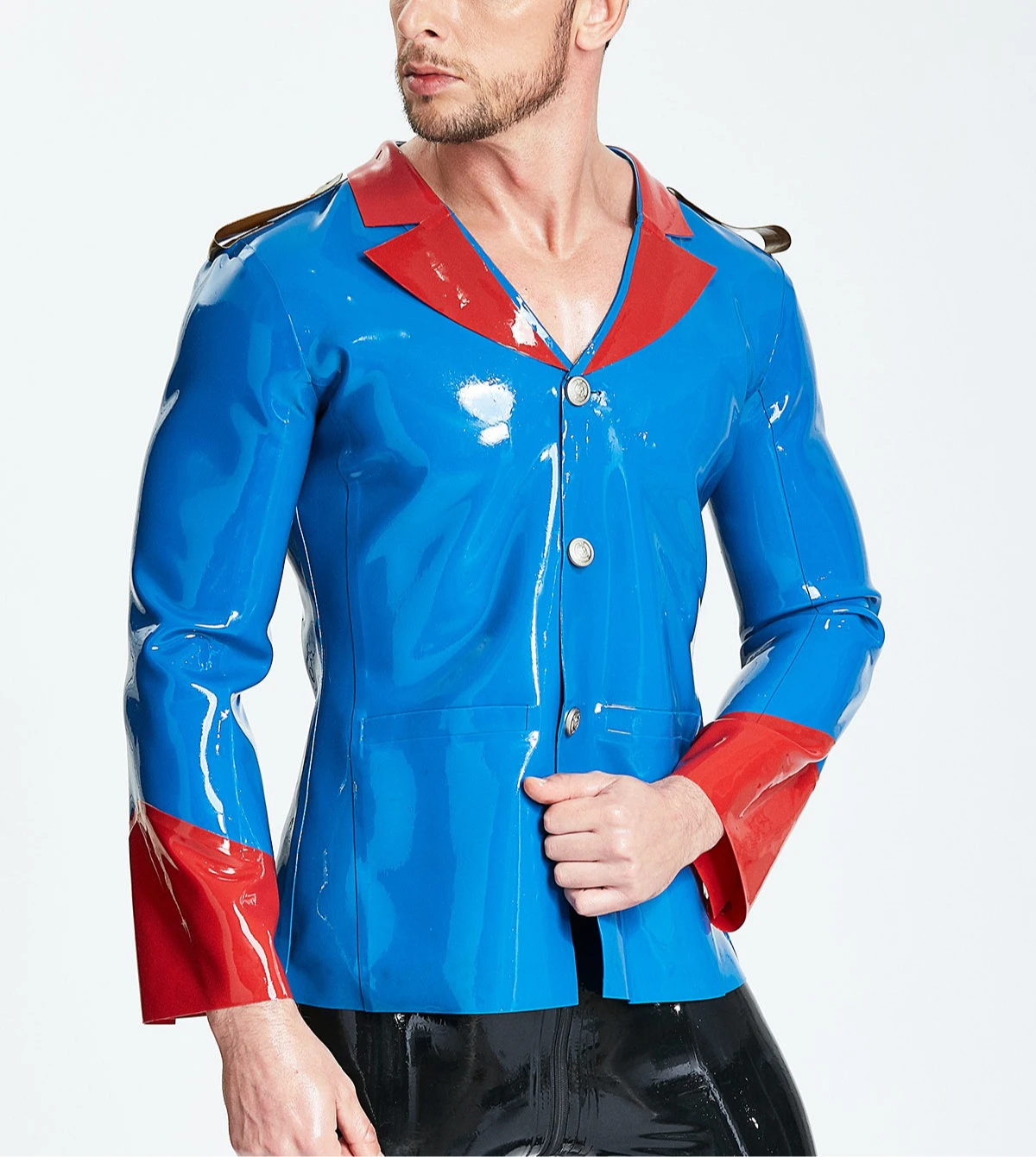 

Пальто на заказ, резиновая мужская синяя латексная куртка, красные акценты, длинный рукав, пуговицы спереди, резиновое пальто, модная клубная одежда