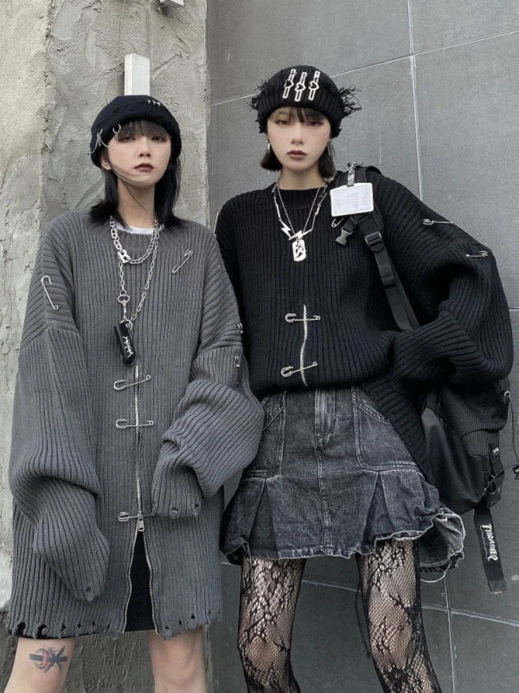 Gothic Harajuku Y2k Pullovers Gray Black Zipper Chain Sweater Vintage Aesthetic Korean Grunge Women Top Egirl Emo Clothes Fall