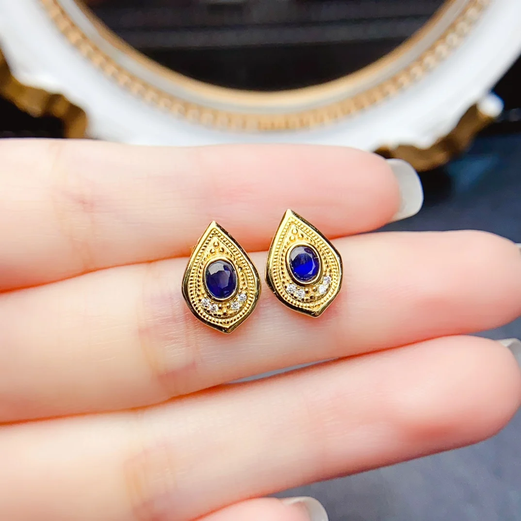 

Fashion 3*4mm Natural Sapphire Earrings Real S925 Sterling Silver Certificate Fine Charm Weddings Jewelry for Women FS