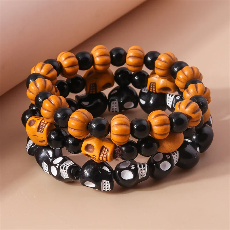 Aihua Punk Halloween Skull Pumpkin Bracelets for Women Men Hip Hop Beaded Bracelets & Bangles Halloween Jewelry Gifts