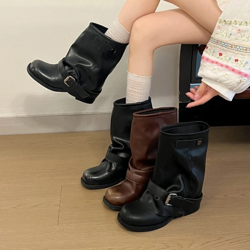 Winter Slip On Women Pants Tube Ankle Boots Fashion Metal Buckle Strap Shoes Ladies Concise Block Heel Biker Short Booties