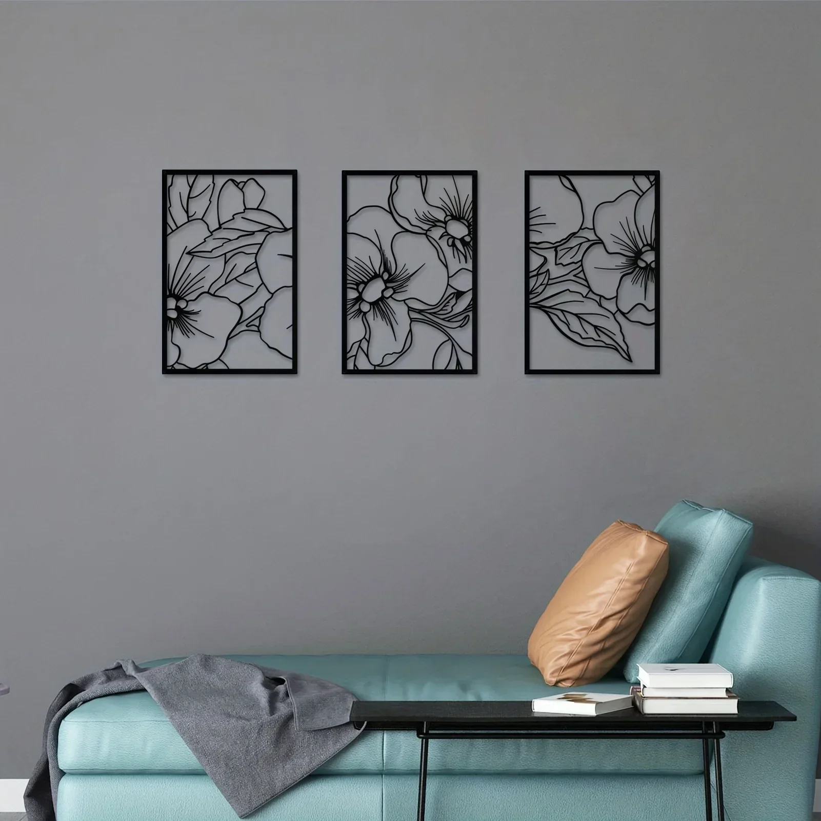 CIFBUY Decoration 3pcs/set Pear Flower Metal Wall Hanging Art Black Square Modern Art Home Wall Sculpture Office Kitchen Bathroo