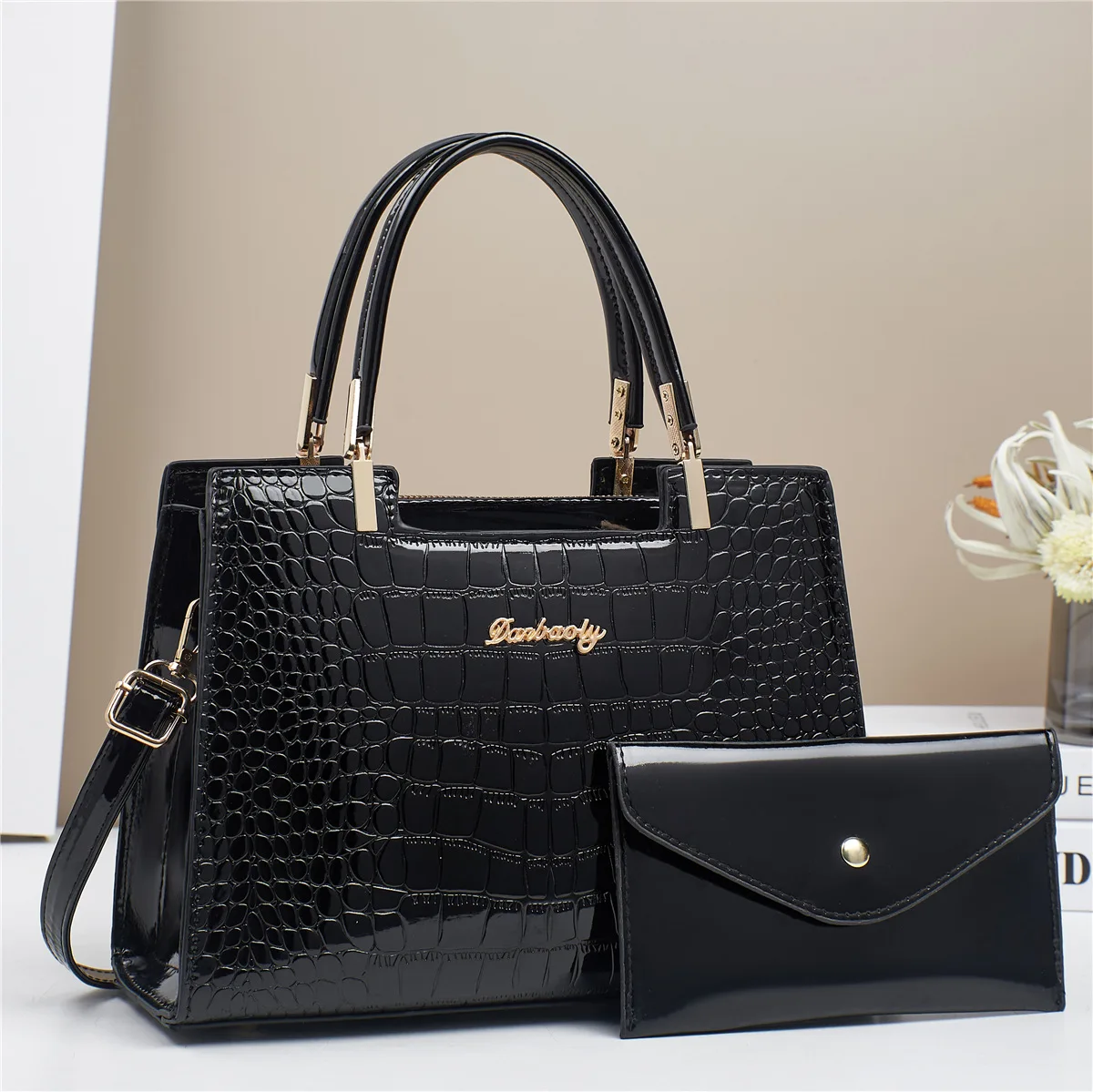 

Women's handbag simple and fashionable shiny leather crocodile pattern shoulder bag, elegant temperament two-piece set
