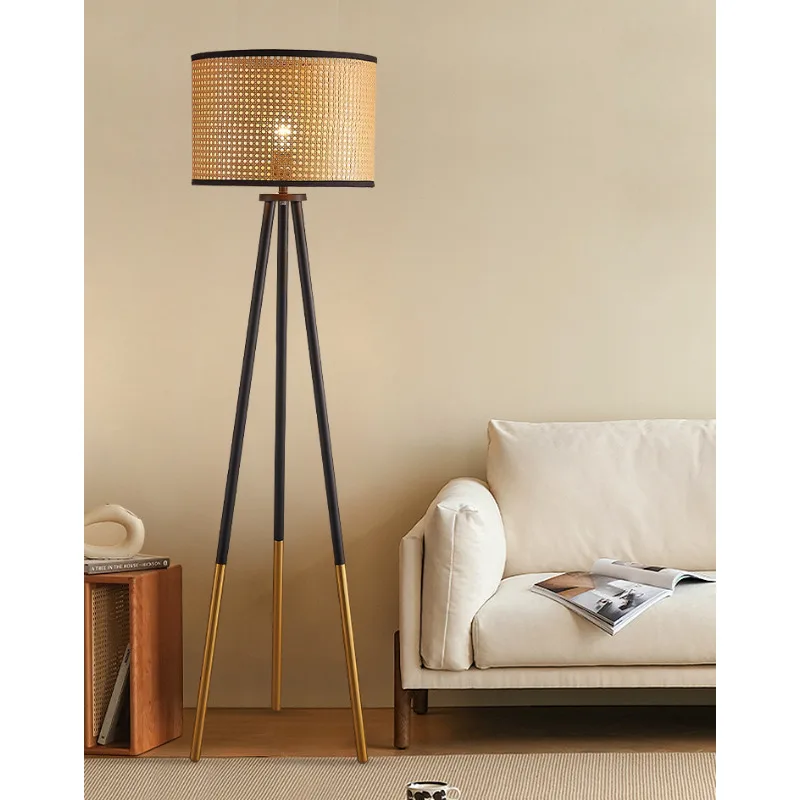 Creative Handmade Rattan Lampshade Led Floor Lamps for Living Room Sofa Study Remote Control Dimmer Standing Lamp Home Decor