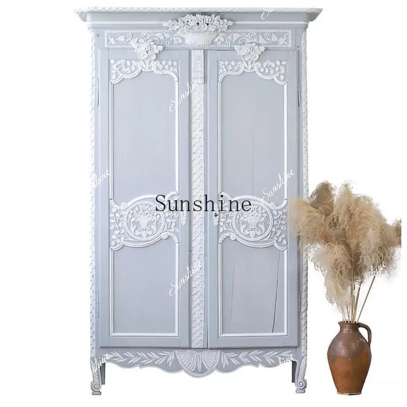 French retro old solid wood wardrobe double door hand-carved palace storage cabinet can be customized  FT
