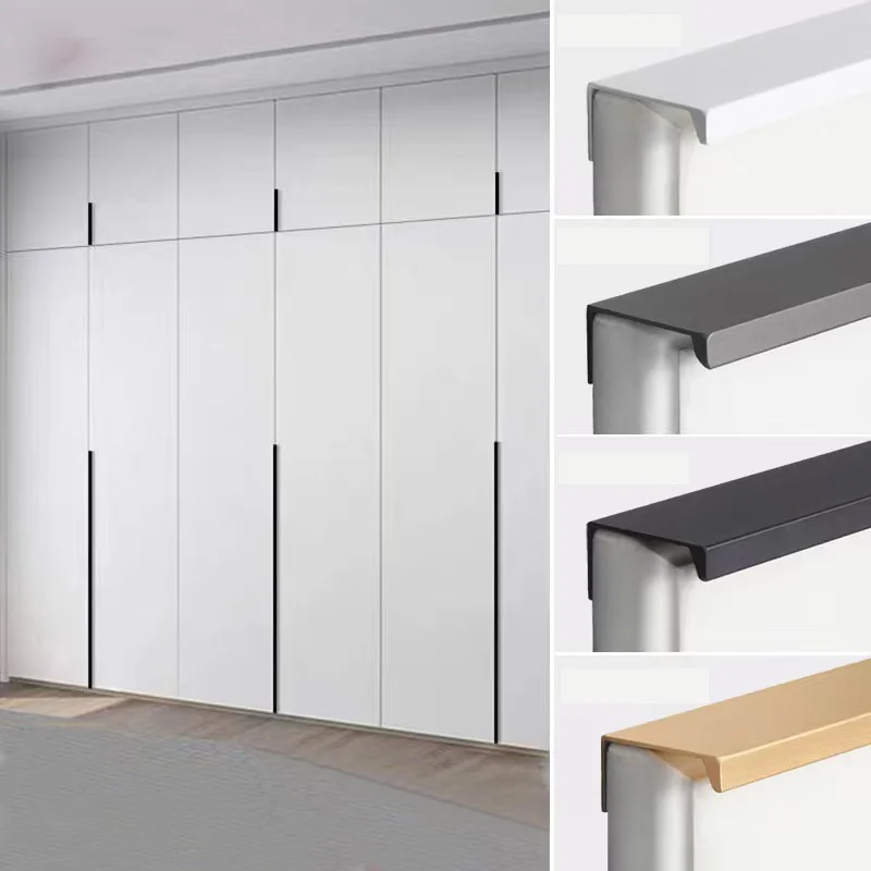 Aluminum Hidden Cabinet Handles Gold Drawer Knobs Matte Black Wardrobe Door Handle Modern Non-punch Long Furniture Handles Pulls