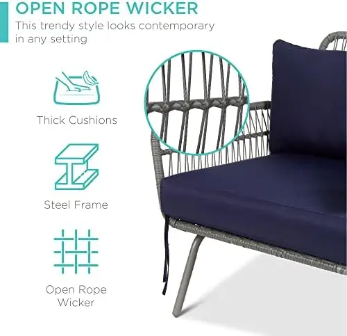 Outdoor L-Shaped Patio Sofa Set with Cushions, Lounger, Side Table - Gray/Navy