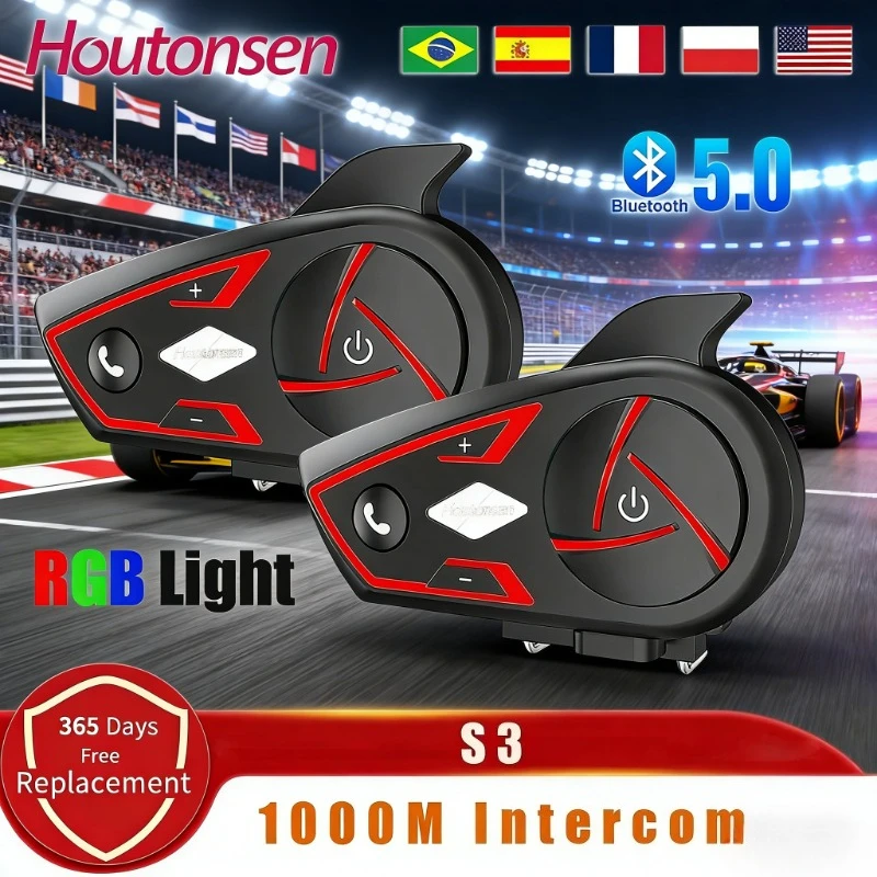 Houtonsen S3 1000M Bluetooth Motorcycle Helmet Intercom Waterproof Headset RGB Tri-Color Ambient Light Interphone