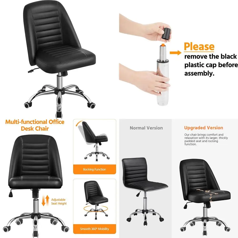 

Mid Back Armless Office Chair with PU Leather, Modern Vanity Desk Chair on Wheels, Metal Base in Black
