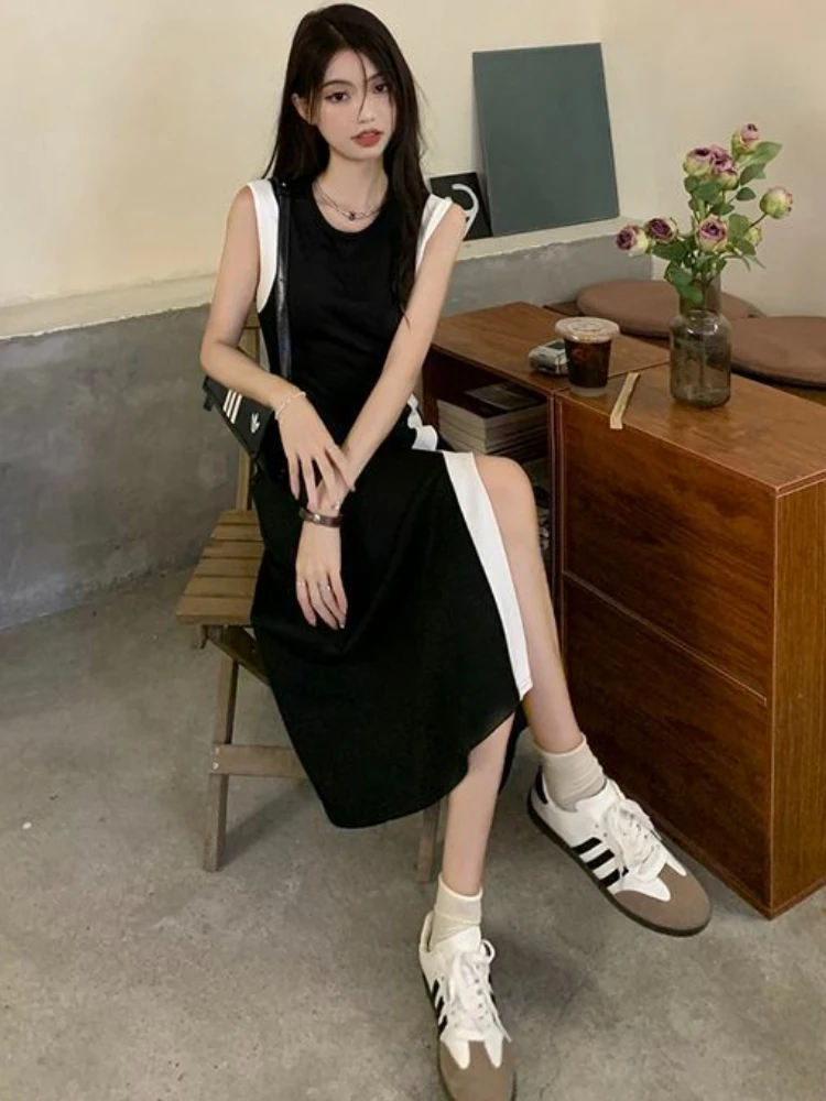 Midi Dresses Women Summer Sleeveless Simple Fashion Sweet Elegant Patchwork Leisure Empire A-line Tender Slit Korean Style Daily