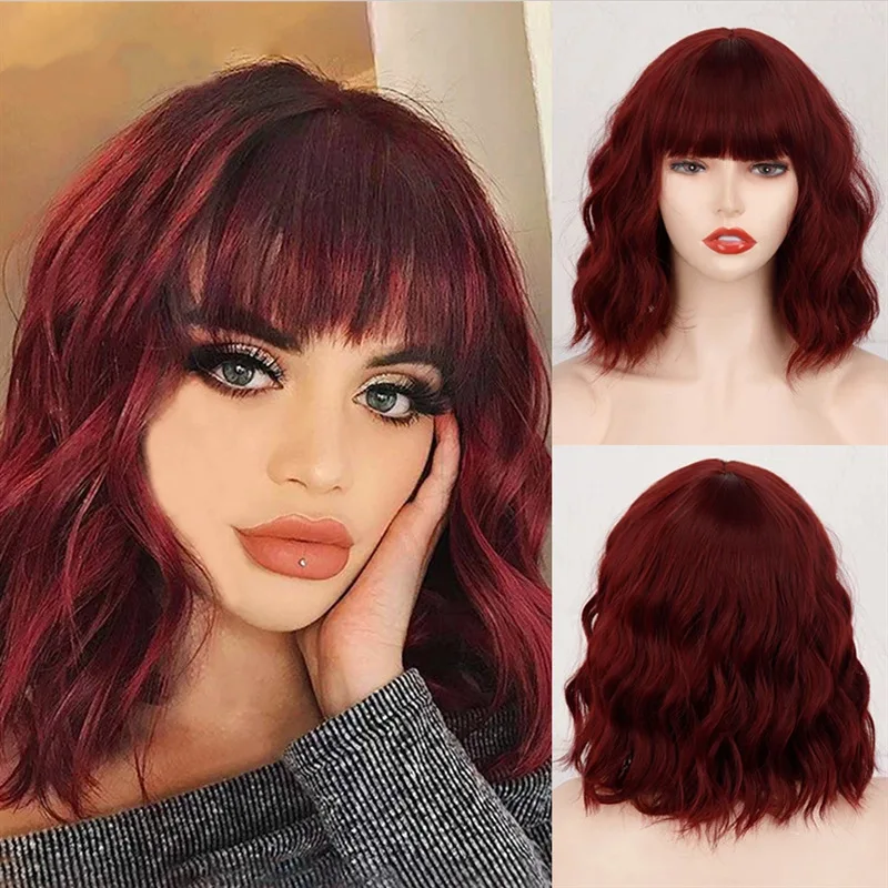 Peluca sintética corta de color rojo vino a la moda, peluca para mujer con ondulación de agua de mar Liu, peluca para fiesta diaria, peluca de cabeza completa