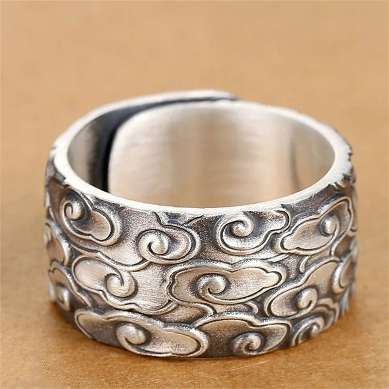 Lucky Auspicious Clouds Ring Men Jewelry Retro Relief Lines Wide Ring Male Finger Accessories Adjustable