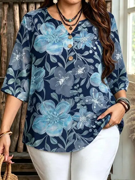 Watercolor Full Bloom Floral Leaf All Over Print Women Blouse 3/4 Sleeve Notch V Neck Decor Button Summer Casual Tops