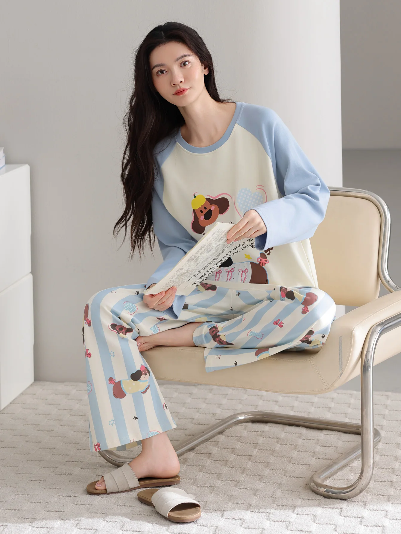 ملابس نوم من القطن الخالص 100% مع وسادة صدر، سراويل نسائية للخريف والشتاء بأكمام طويلة، ملابس نوم نسائية مقاس كبير من القطن الخالص #6