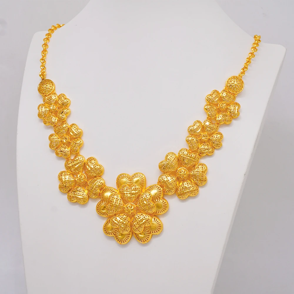 Fine Ethiopian Gold Color Flower Earring Necklace Bracelet Ring Jewelry Set For Women Bridal Dubai African Jewellery Party Gift