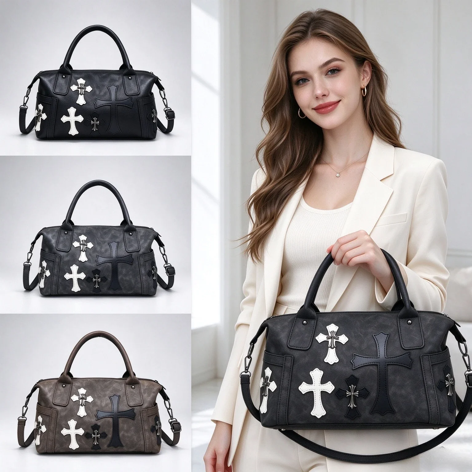 Luxury Luxury Vintage Boston Handbag for Women Designer Cross Patch Pebbled Leather Shoulder Bag Elegant Top Handle Purse - Aliexpress Deal