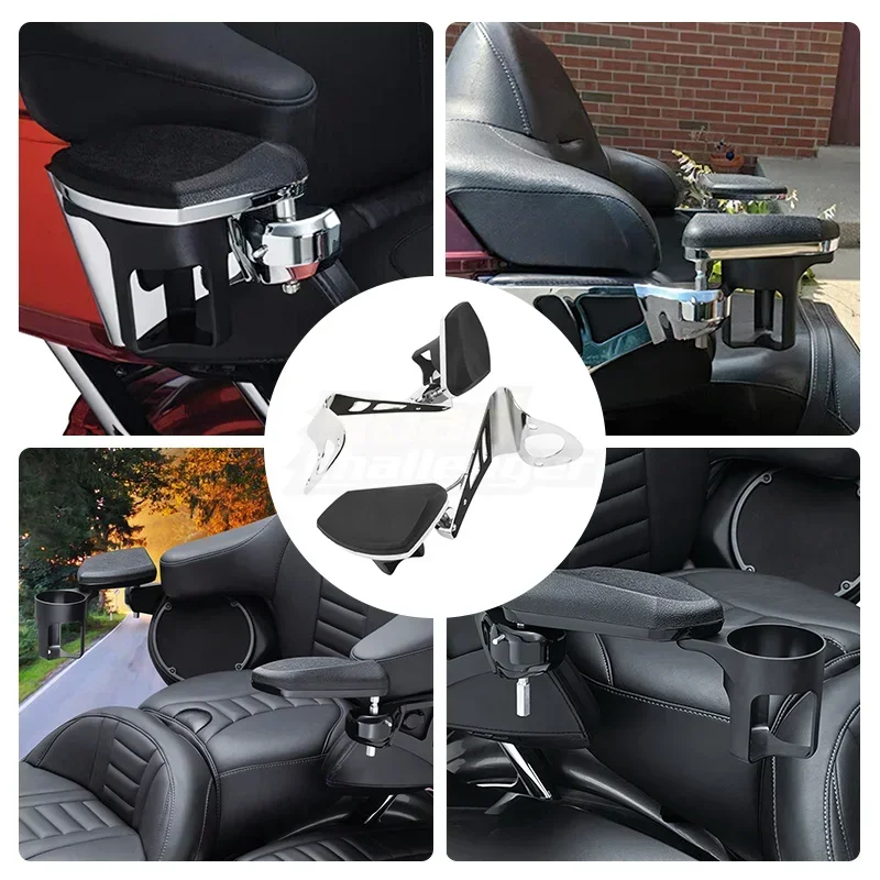 Motorcycle Rear Passenger Armrests Chrome With Drink Cup Holder For Harley Touring Electra Road Glide 2014-2022