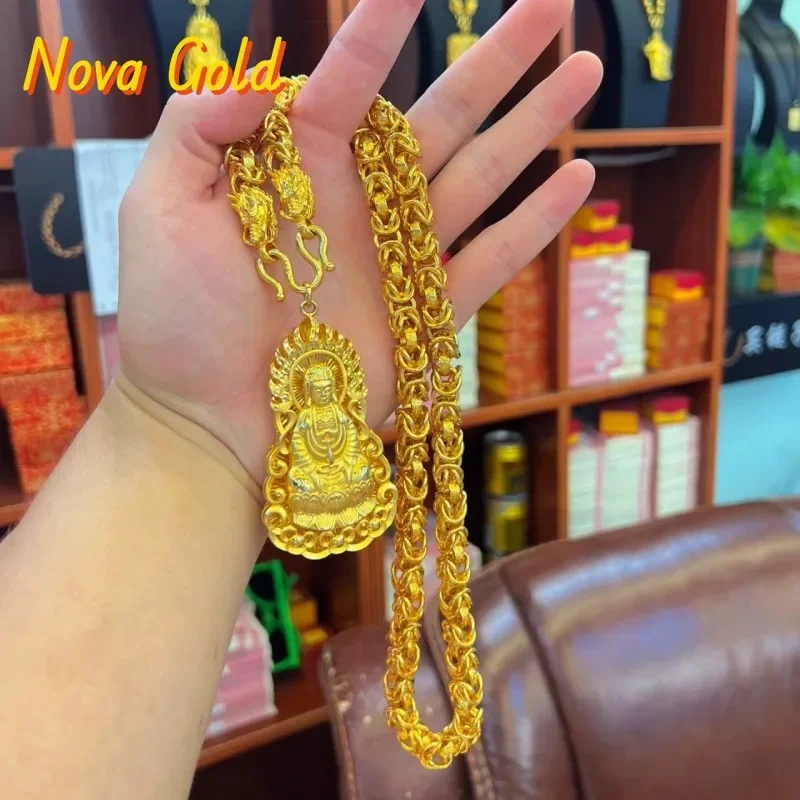 

NovaGlod Fashion and luxurious 9999 24K real gold double dragon head Guanyin necklace pendant domineering dragon brand