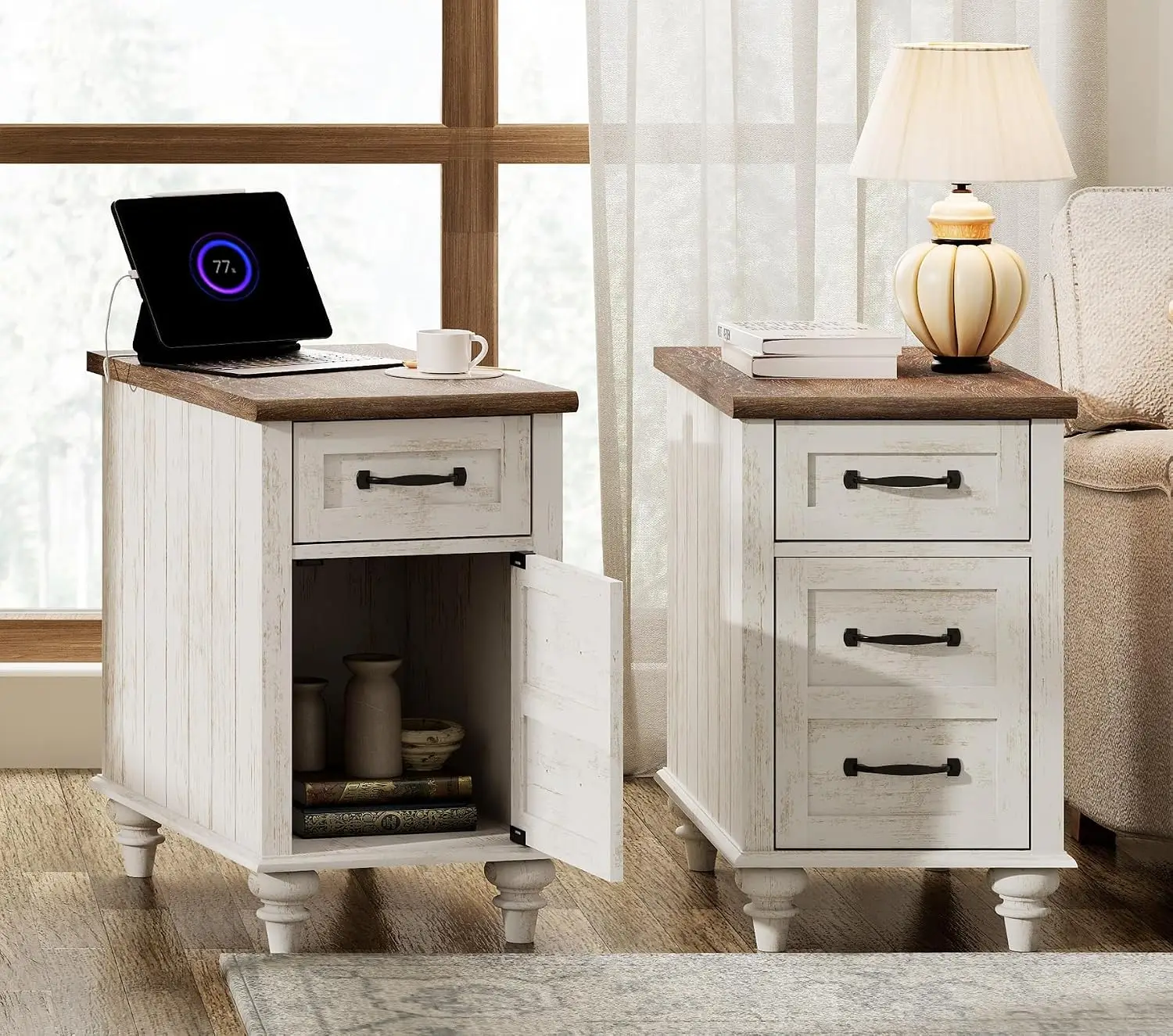 Farmhouse End Table with Charging Station Drawer Storage Cabinet Power Outlets USB Ports Living Room Bedroom, Customized